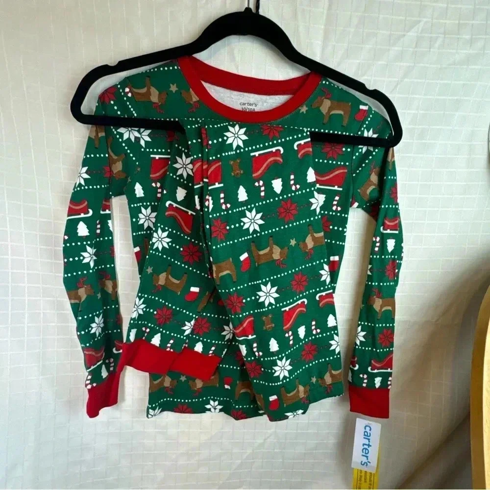 Carter's Girls 2 Pc Cotton Pajama PJ Set Christmas Red White Green Sz 10 NWT